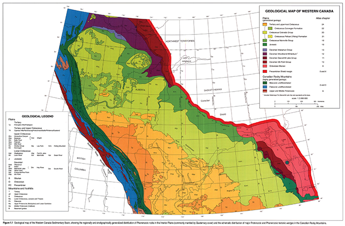 Figure 1.1 Geological map of the Western Canada Sedimentary Basin