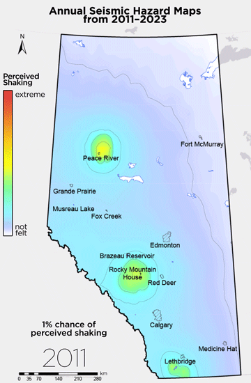 GIF showing the annual seismic hazard maps for Alberta from 2011 to 2023