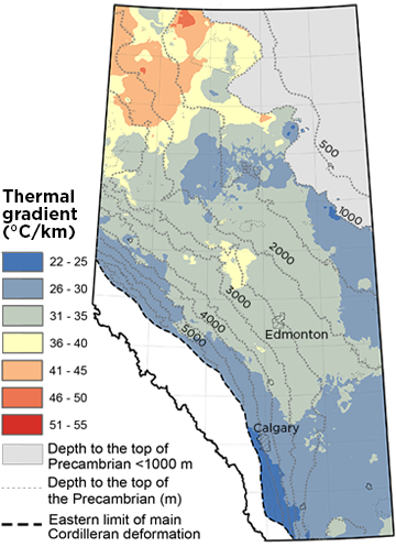 Map showing the thermal gradient in Alberta.